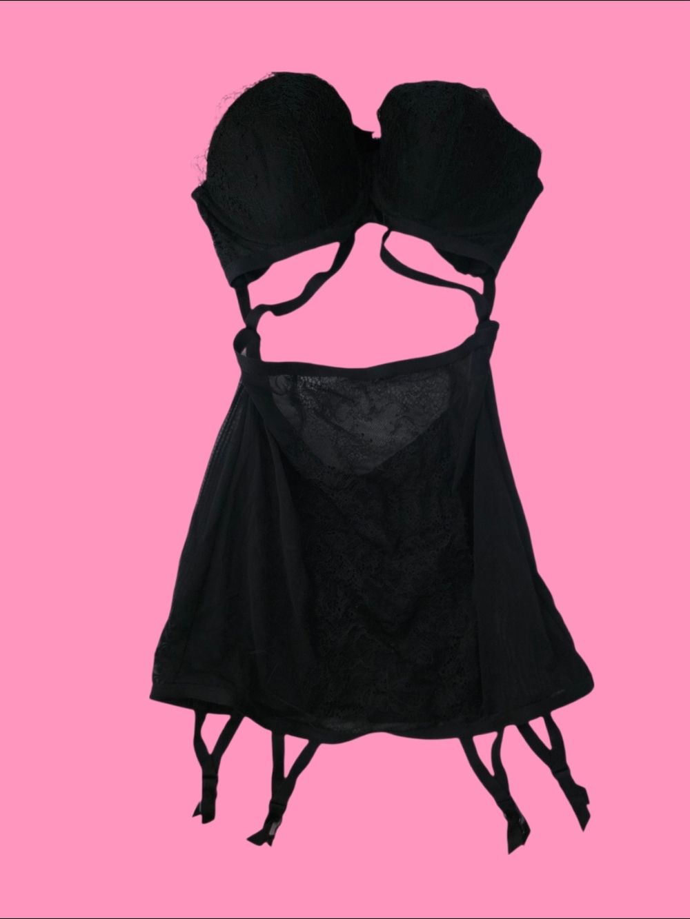 Victoria's Secret Black Lace Bustier Chemise with Garter Straps
